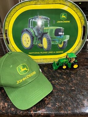 John Deere Green and Yellow Tractor Oval Serving Tray Hat & Tractor Ornament